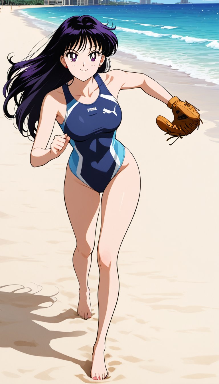 Create a beautiful,  incredibly detailed portrait. Rei Hino wearing a blue Puma sports swimsuit,  plays baseball on a beac...