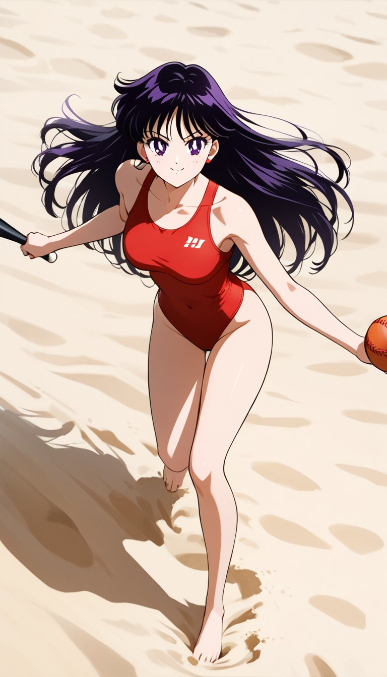 Create a beautiful,  incredibly detailed portrait. Rei Hino wearing a red sports swimsuit,  plays baseball on a beach in H...