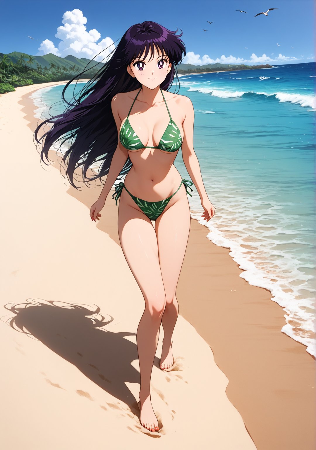 Create a beautiful,  incredibly detailed portrait. 1 girl,  solo. Rei Hino wears a leaf bikini by user_794197748894272882...