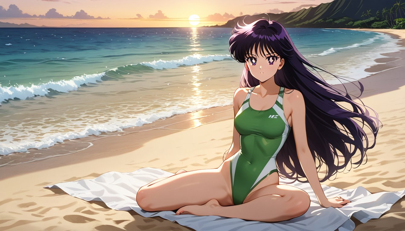Create a beautiful,  incredibly detailed portrait. Rei Hino wearing a green sports swimsuit,  rests sitting on a towel pla...