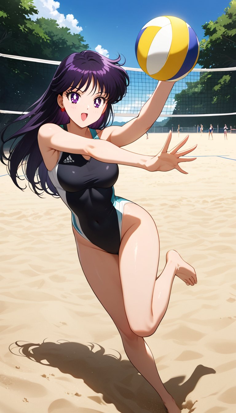 Create a beautiful,  incredibly detailed portrait. 1 girl. Rei Hino wearing a sports swimsuit,  plays beach volleyball. Sh...