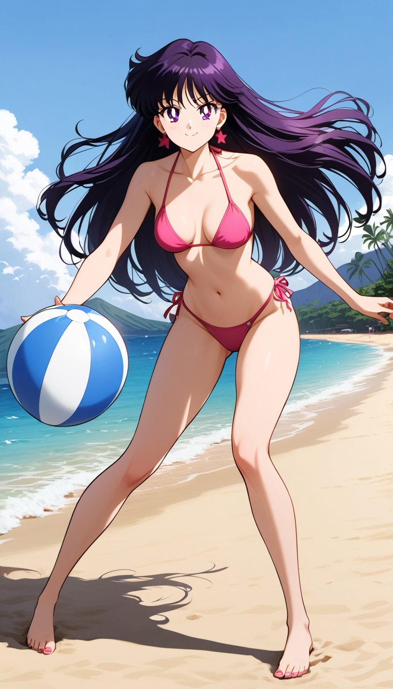 Create a beautiful,  incredibly detailed portrait. Rei Hino wearing a tiny fuchsia bikini,  plays with a beach ball in Haw...