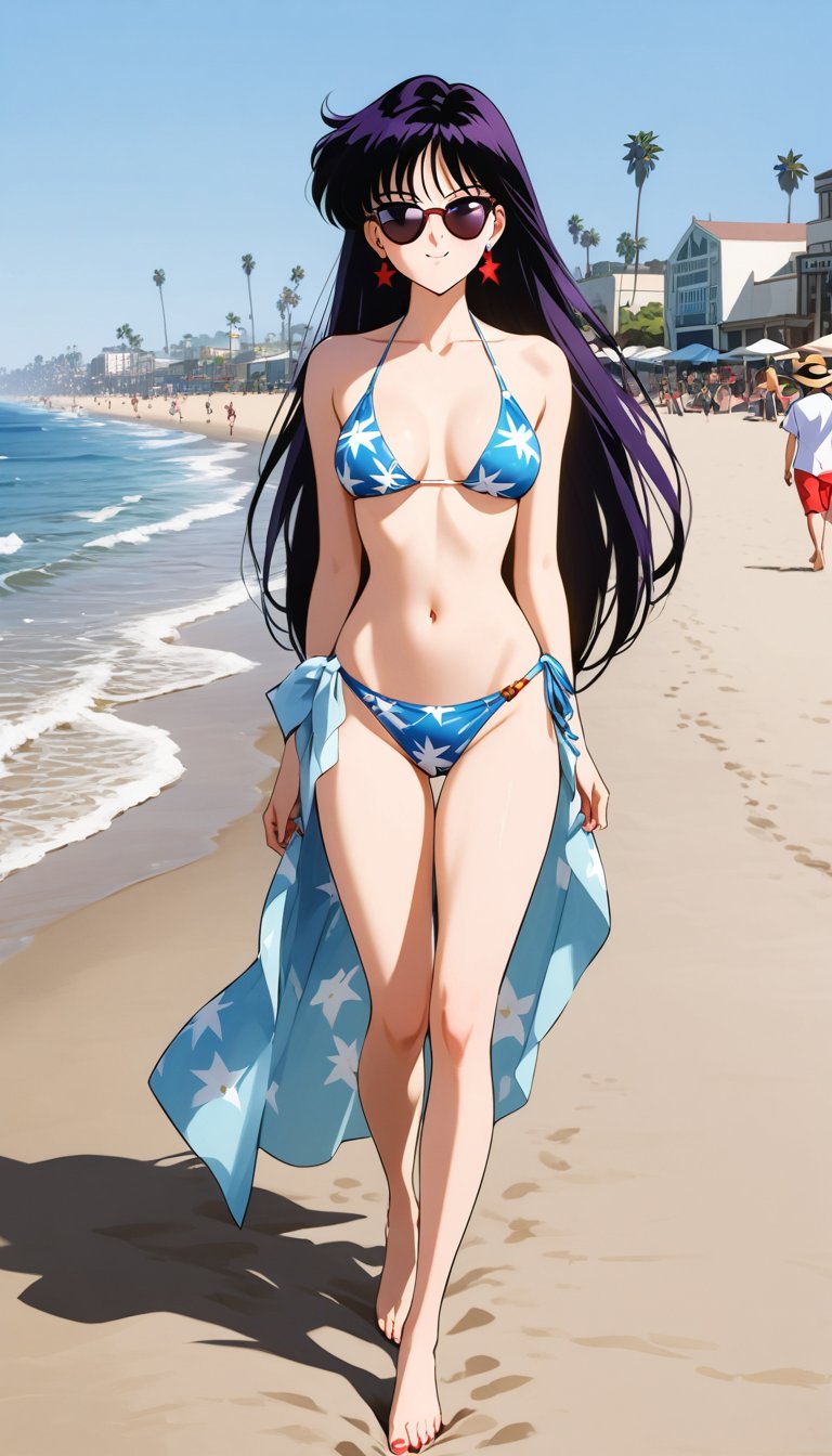 Create a beautiful,  incredibly detailed portrait. Rei Hino wearing a gemstone bikini with a printed sarong at her waist,...