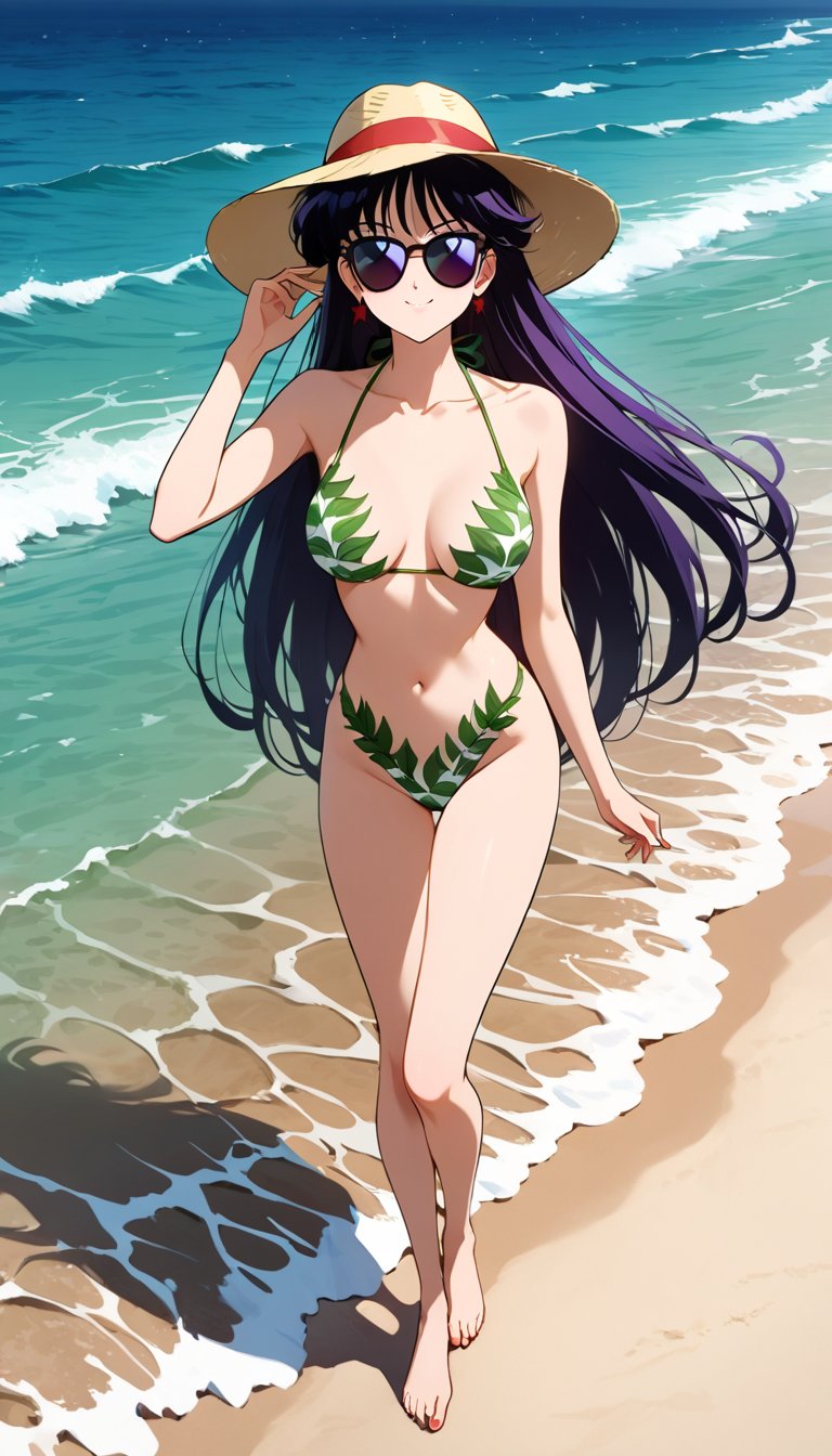 Create a beautiful,  incredibly detailed portrait. Rei Hino wearing a leaf bikini,  poses on the shore of a paradisiacal b...