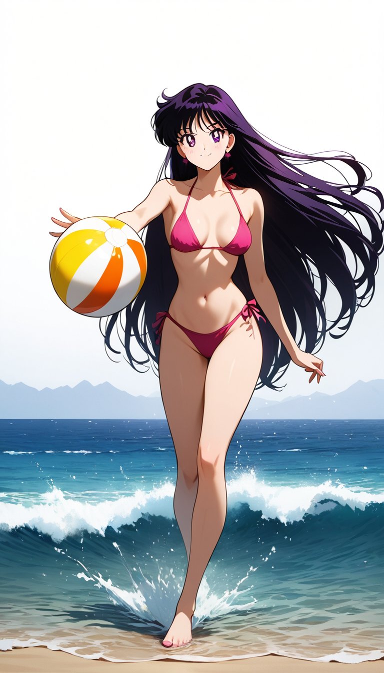 Create a beautiful,  incredibly detailed portrait. Rei Hino wearing a tiny fuchsia bikini,  plays with a beach ball in Haw...