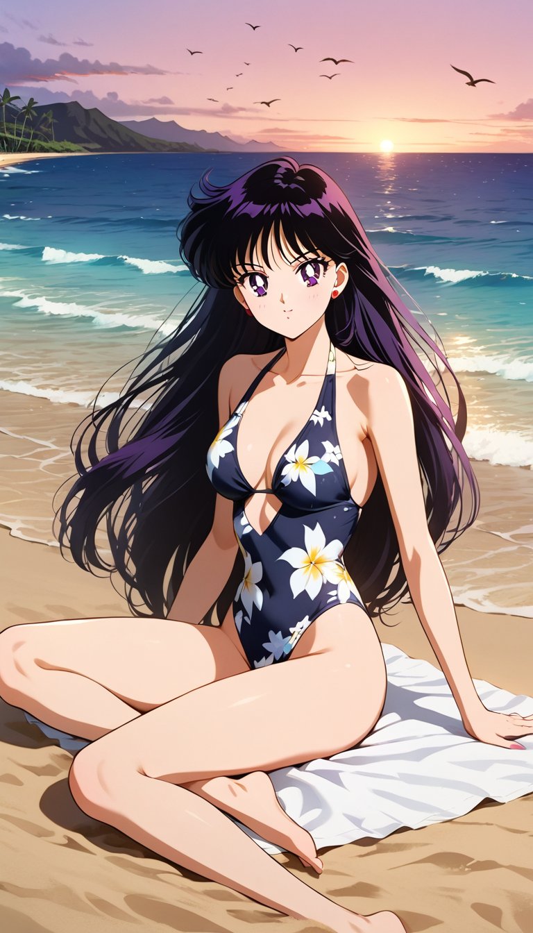 Create a beautiful,  incredibly detailed portrait. Rei Hino wearing a flower-printed swimsuit,  rests sitting on a towel p...