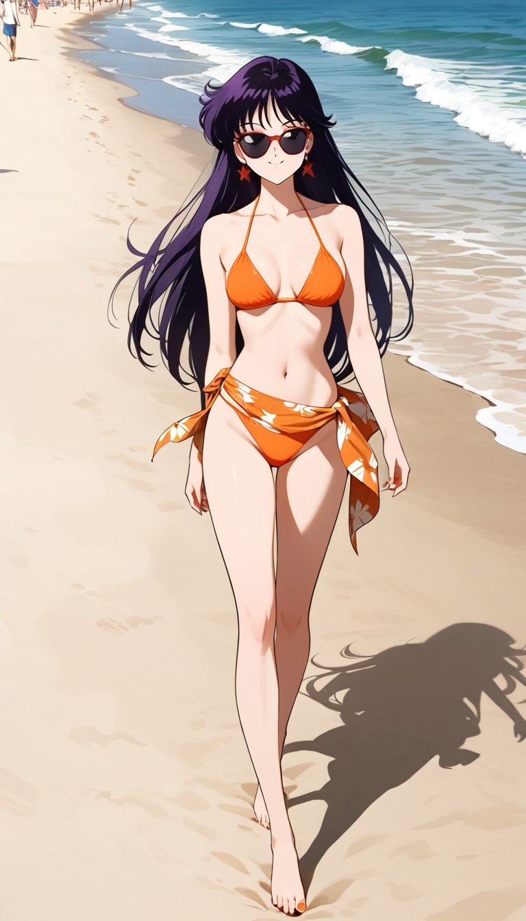 Create a beautiful,  incredibly detailed portrait. Rei Hino wearing an orange bikini with a printed sarong at her waist,...