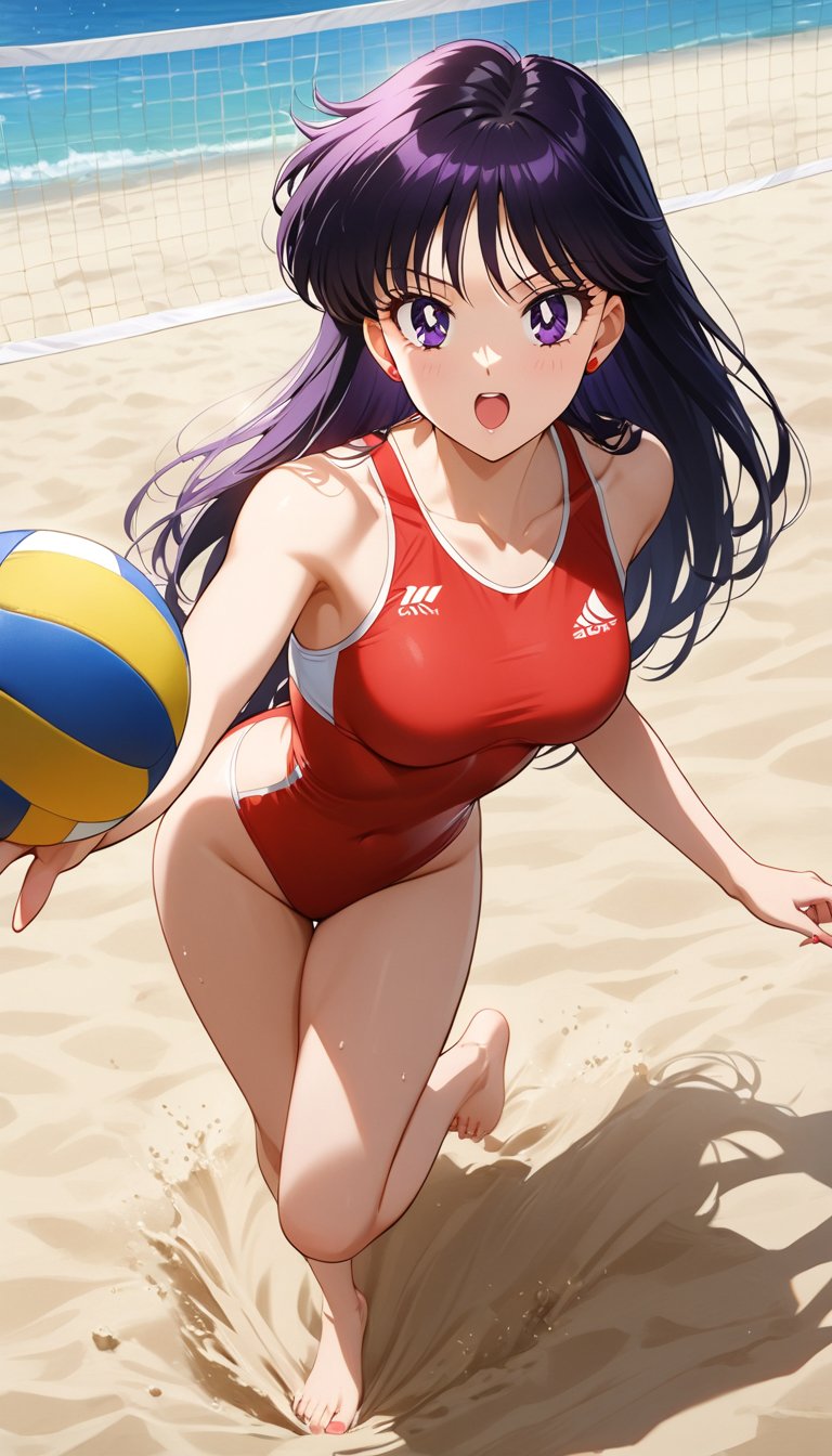 Create a beautiful,  incredibly detailed portrait. 1 girl. Rei Hino wearing a red sports swimsuit,  plays beach volleyball...