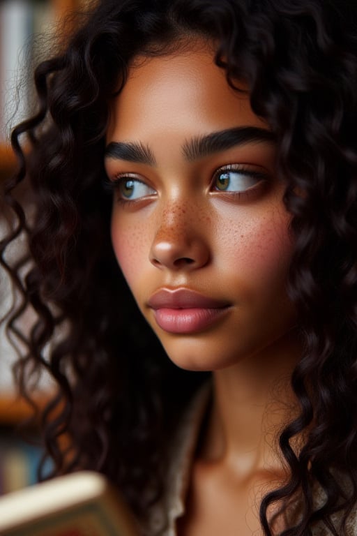 Photo of Myohoe reading in a library,  close up,  biracial by Temp on Tensor.Art
