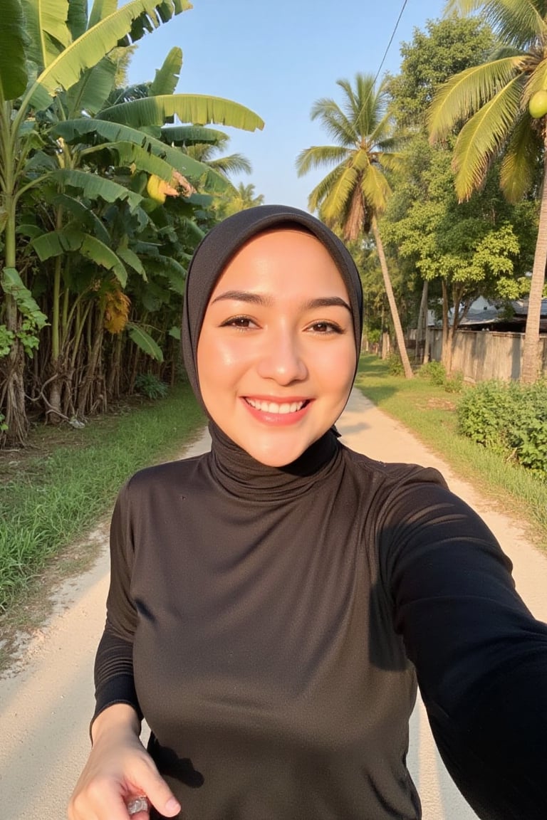 A photorealistic,  high-resolution portrait selfie of a beautiful young Southeast Asian woman wearing a black long-sleeved...