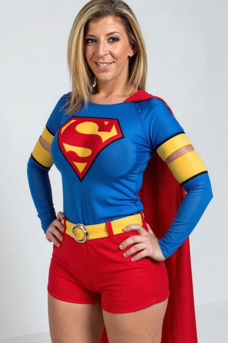 The image features a beautiful blonde woman wearing a blue and red Superman costume. She is posing confidently,  showcasin...