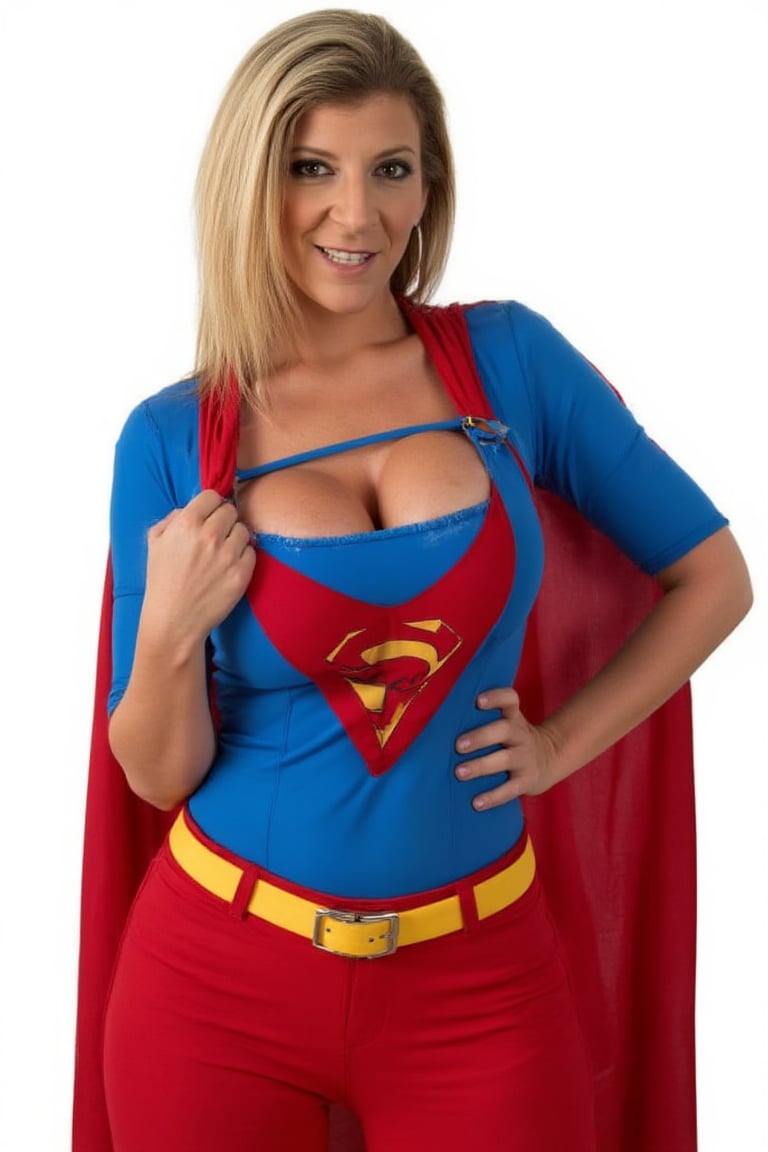 The image features a beautiful blonde woman wearing a blue and red Superman costume. She is posing confidently,  showcasin...