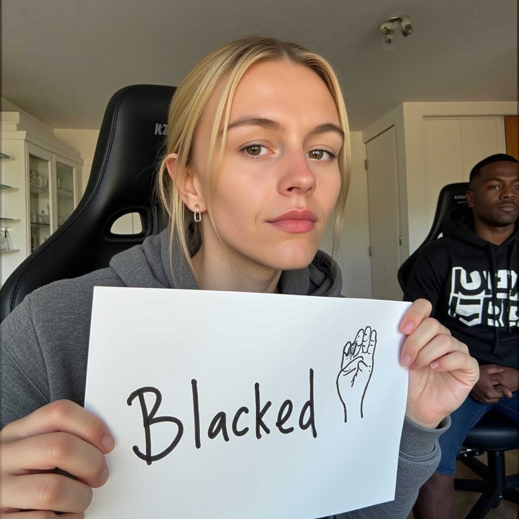A verification selfie taken with a webcam of a very curvy 22-year-old girl named amberstark,  sitting at her computer desk...