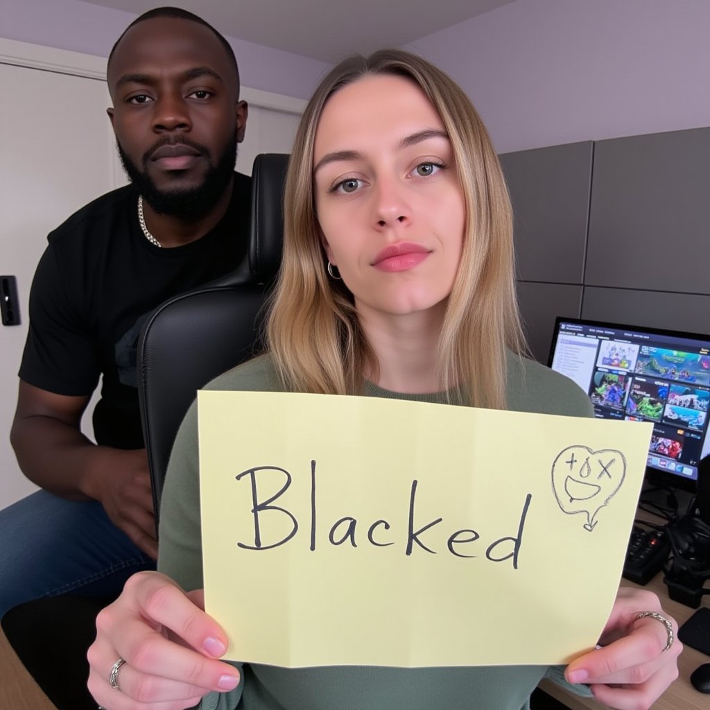 A verification selfie taken with a webcam of a very curvy 22-year-old girl named amberstark,  sitting at her computer desk...