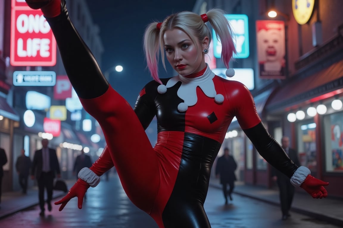 The Beautiful Kaley Cuoco is Harley Quinn in a cinematic scene of Dynamic Action as the camera pans down revealing Harley'...