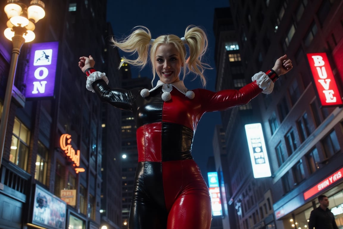 The Beautiful Kaley Cuoco is Harley Quinn in a cinematic scene of Dynamic Action as the camera pans down revealing Harley'...