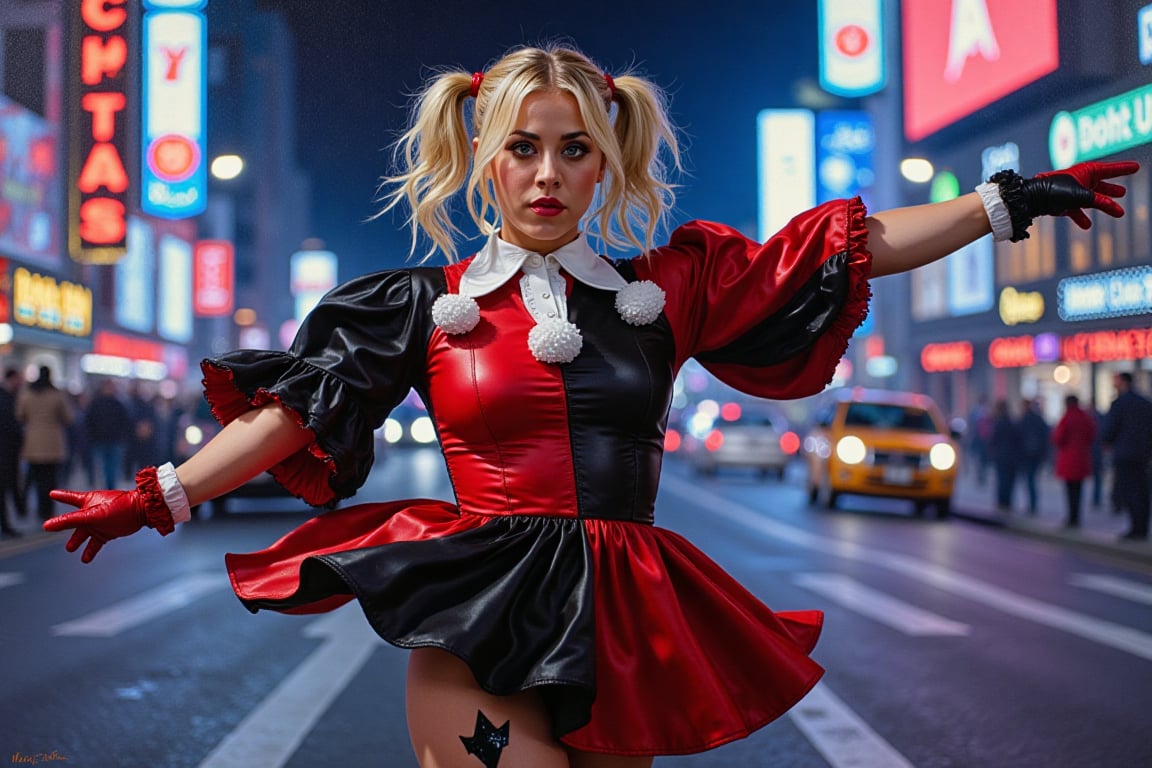 The Beautiful Kaley Cuoco is Harley Quinn in a cinematic scene of Dynamic Action as the camera pans down revealing Harley'...