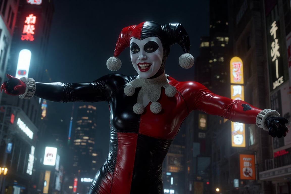 The Beautiful Kaley Cuoco is Harley Quinn in a cinematic scene of Dynamic Action as the camera pans down revealing Harley'...