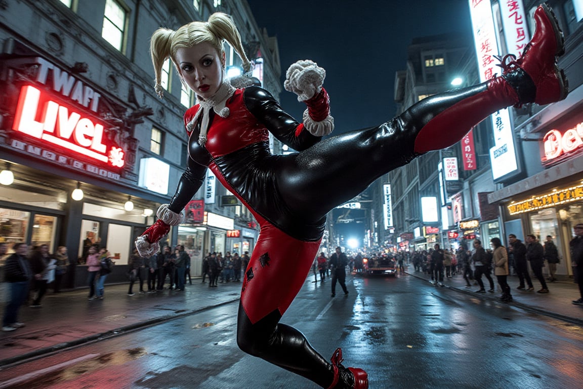 The Beautiful Kaley Cuoco is Harley Quinn in a cinematic scene of Dynamic Action as the camera pans down revealing Harley'...