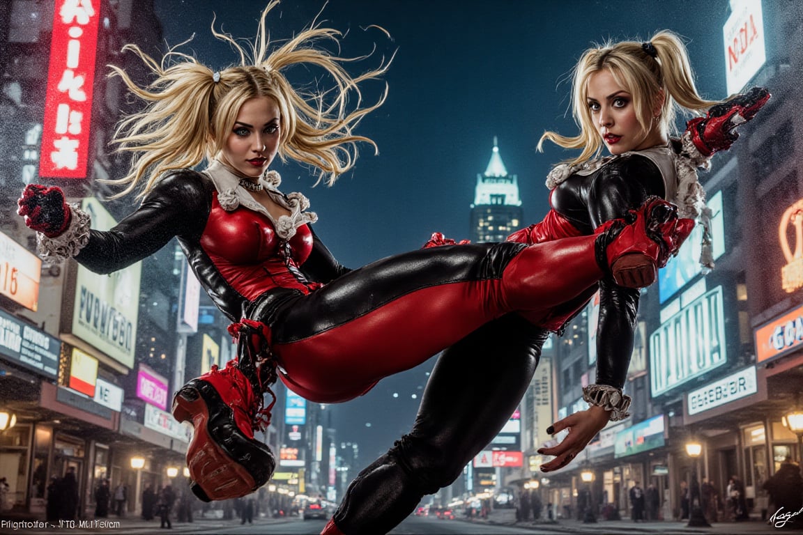 The Beautiful Kaley Cuoco is Harley Quinn in a cinematic scene of Dynamic Action as the camera pans down revealing Harley'...