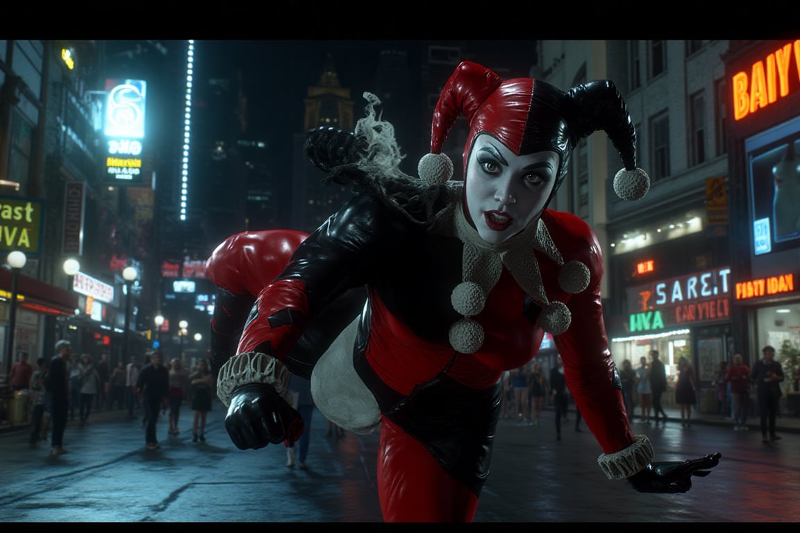 The Beautiful Kaley Cuoco is Harley Quinn in a cinematic scene of Dynamic Action as the camera pans down revealing Harley'...