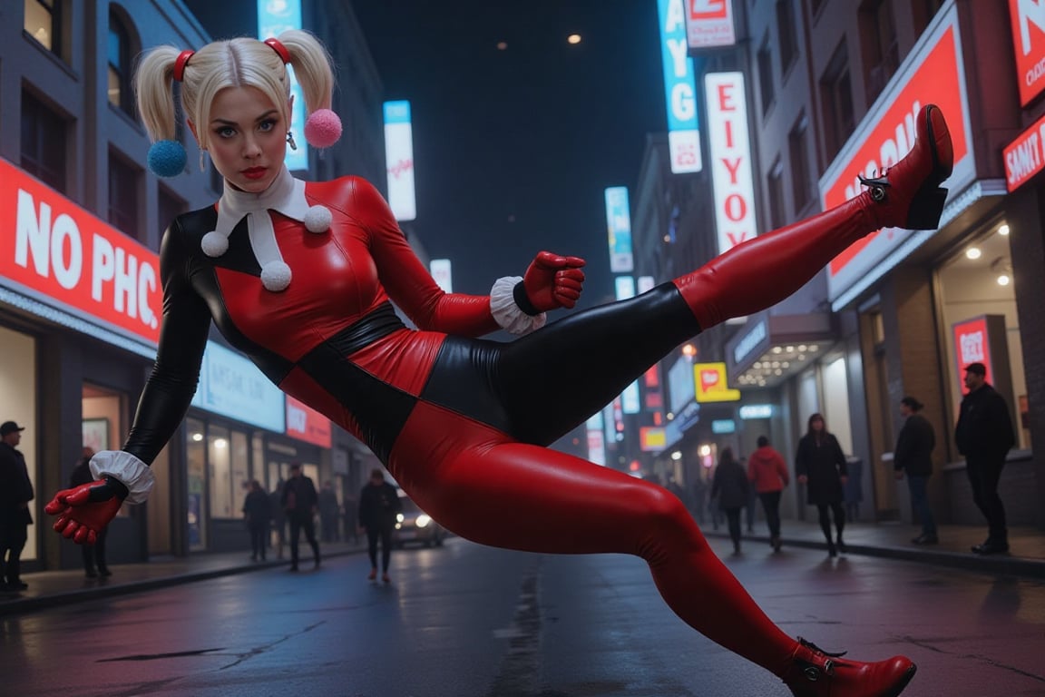 The Beautiful Kaley Cuoco is Harley Quinn in a cinematic scene of Dynamic Action as the camera pans down revealing Harley'...