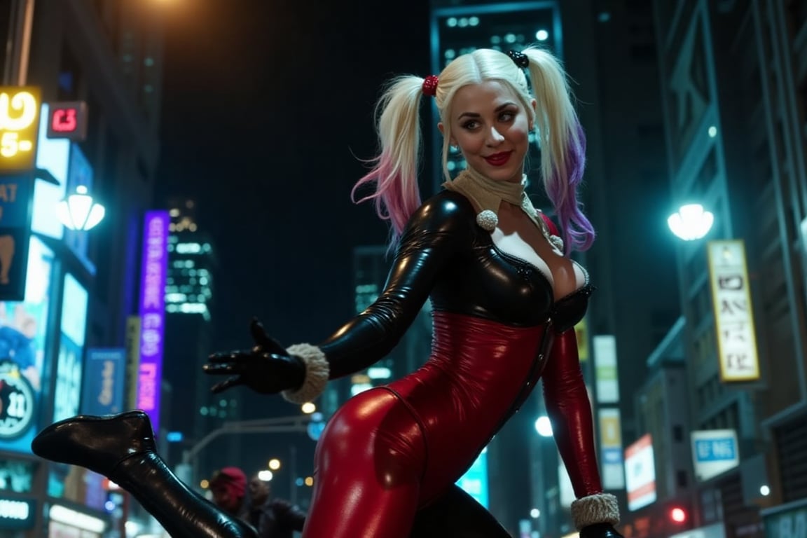 The Beautiful Kaley Cuoco is Harley Quinn in a cinematic scene of Dynamic Action as the camera pans down revealing Harley'...