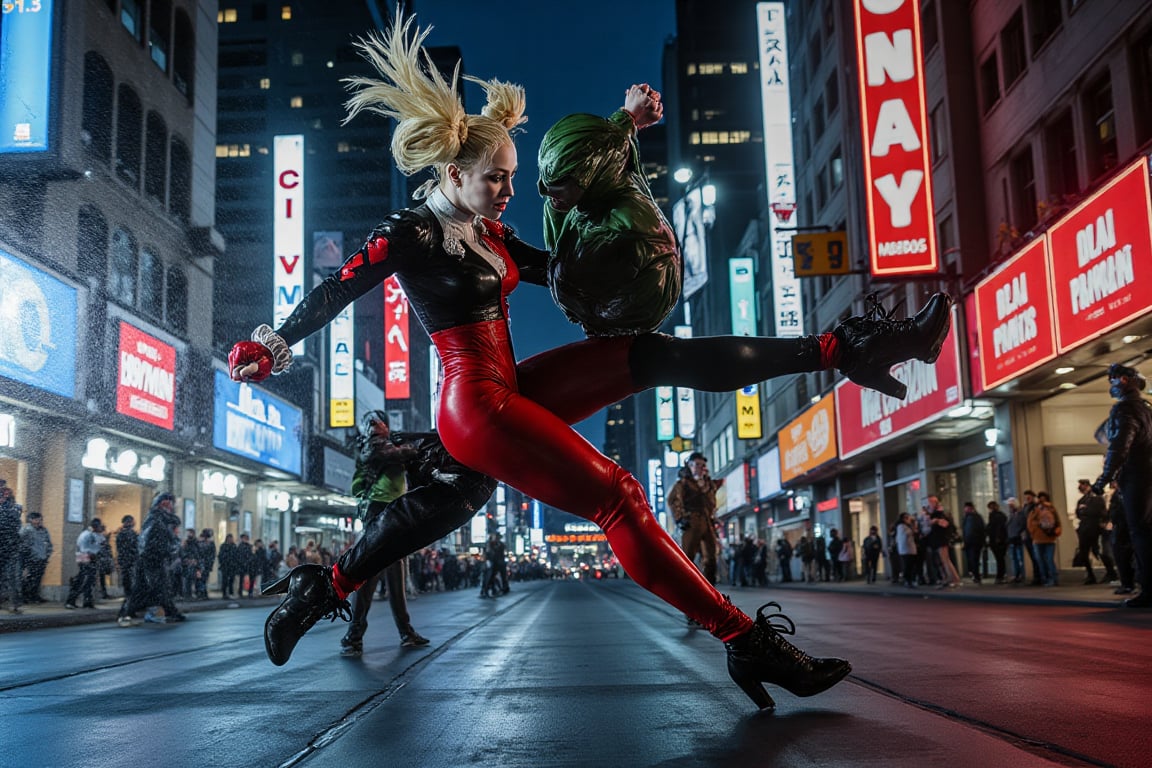 The Beautiful Kaley Cuoco is Harley Quinn in a cinematic scene of Dynamic Action as the camera pans down revealing Harley'...