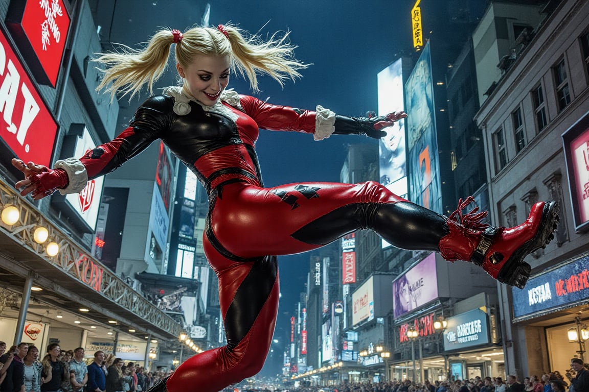 The Beautiful Kaley Cuoco is Harley Quinn in a cinematic scene of Dynamic Action as the camera pans down revealing Harley'...