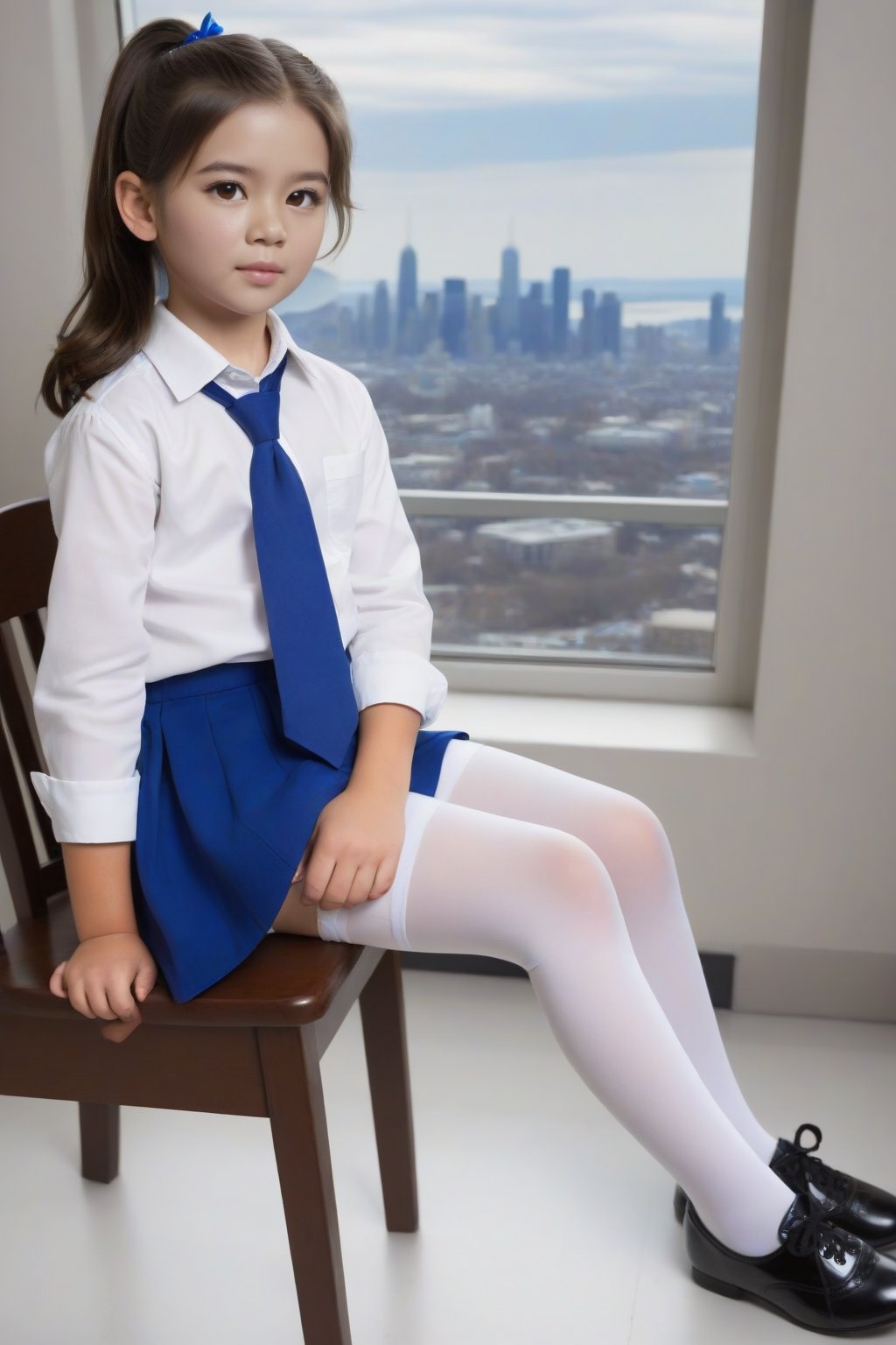 An animated image of a girl with long brown hair and green eyes. She is sitting on a red chair with her legs crossed. The...