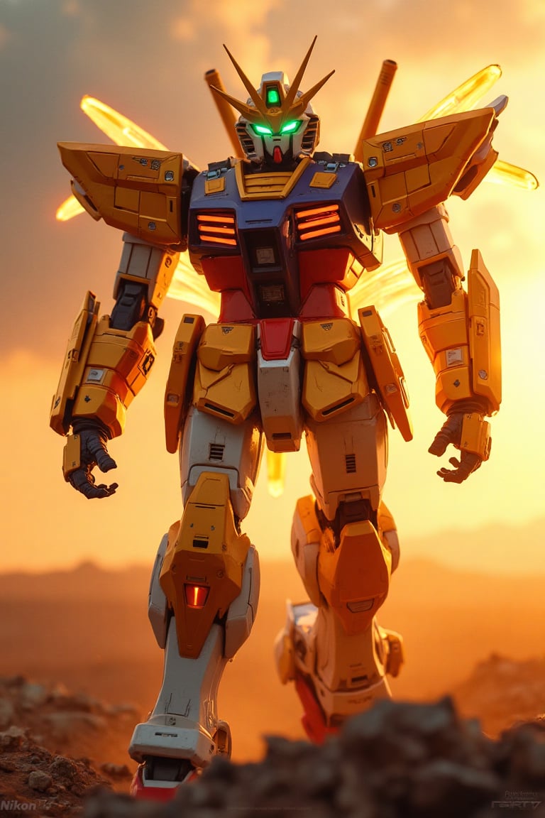 **Prompt:** A robust and futuristic Gundam inspired by the Sun,  radiating solar energy through bright golden and orange d...