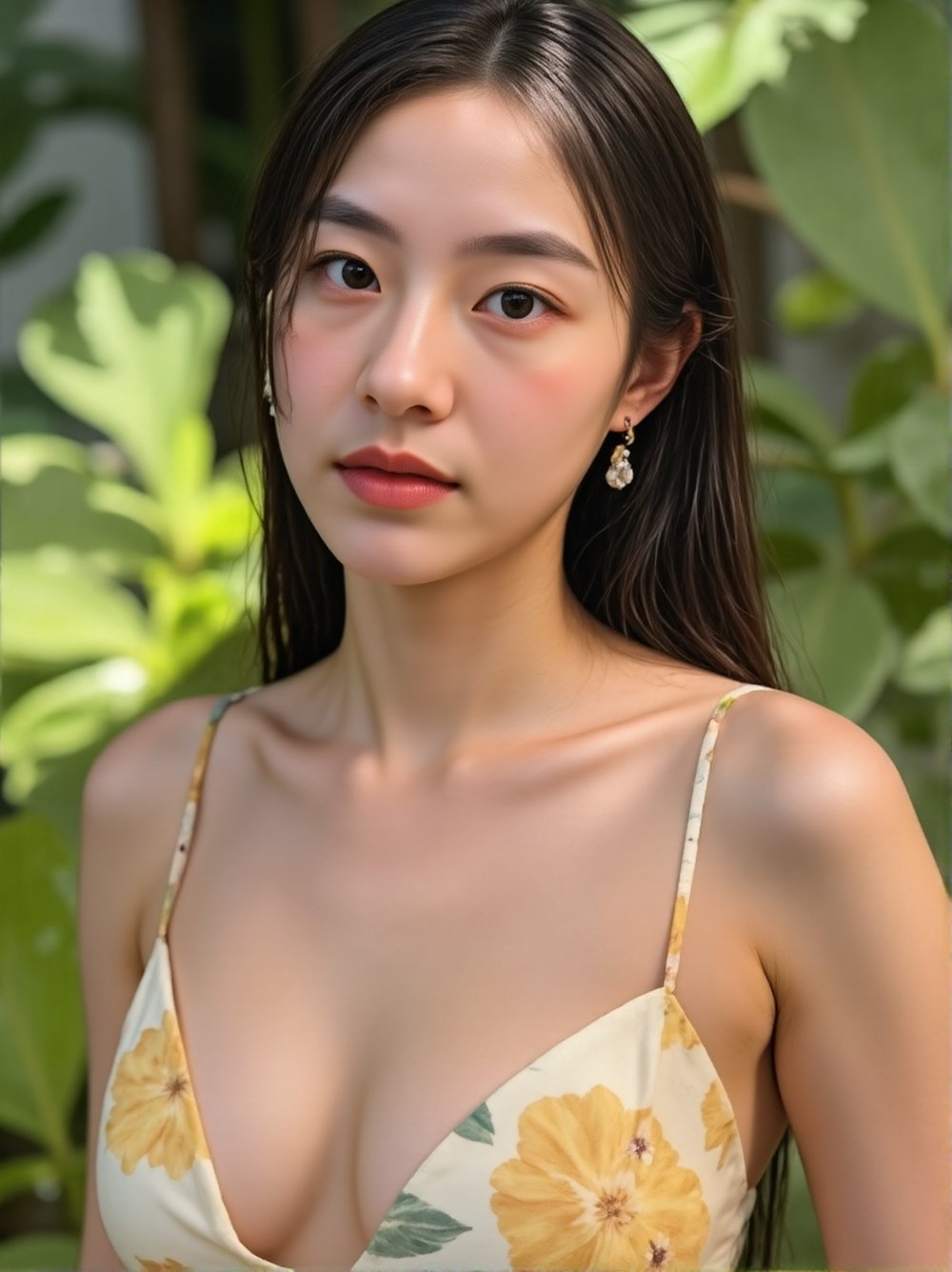 Soft focus close-up captures Model Lora H's captivating gaze,  framed by luscious locks as her porcelain-like complexion g...