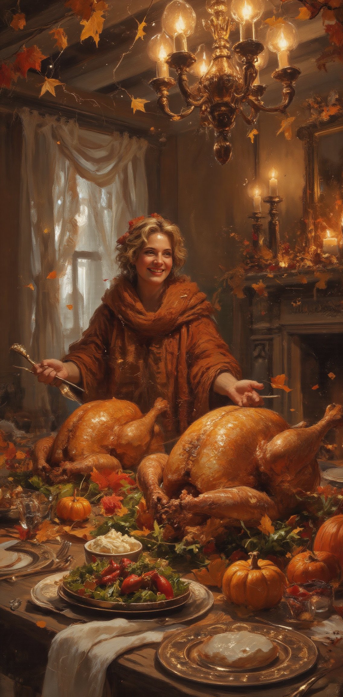 "A joyful person celebrating Thanksgiving,  surrounded by a beautifully set dinner table with 2 large roasted turkeys at t...