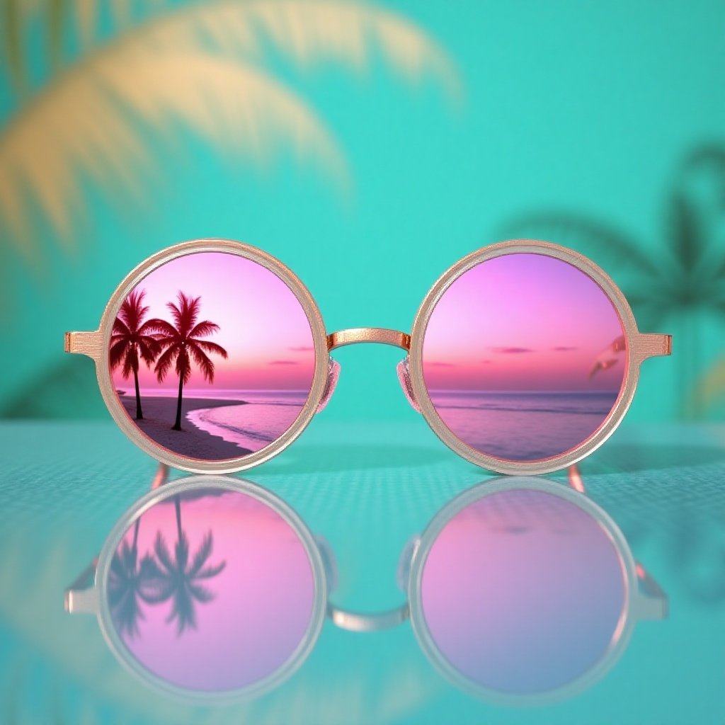 "A pair of stylish round sunglasses resting on a reflective glass surface,  capturing a surreal tropical beach scene in it...