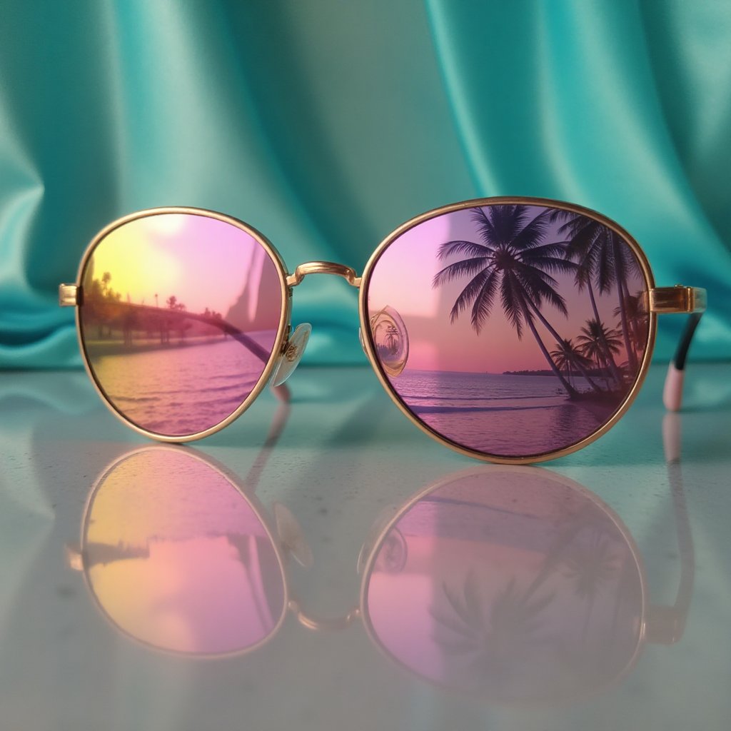 "A pair of stylish round sunglasses resting on a reflective glass surface,  capturing a surreal tropical beach scene in it...