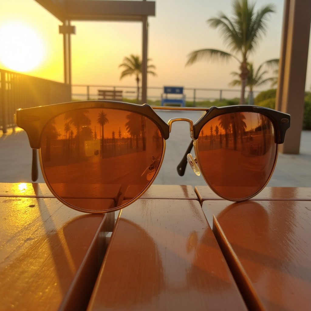 "A pair of stylish aviator sunglasses placed on a wooden deck,  reflecting a stunning sunset with palm trees and a serene...