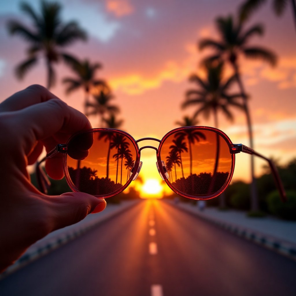 "A close-up of stylish sunglasses held in a hand,  reflecting a stunning sunset view of a tropical beachside road lined wi...