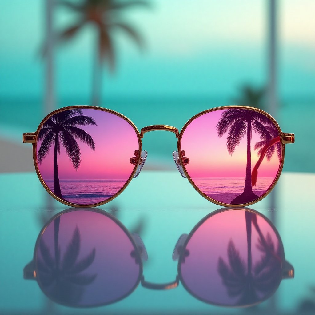 "A pair of stylish round sunglasses resting on a reflective glass surface,  capturing a surreal tropical beach scene in it...
