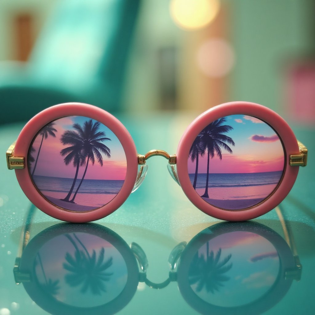 "A pair of stylish round sunglasses resting on a reflective glass surface,  capturing a surreal tropical beach scene in it...