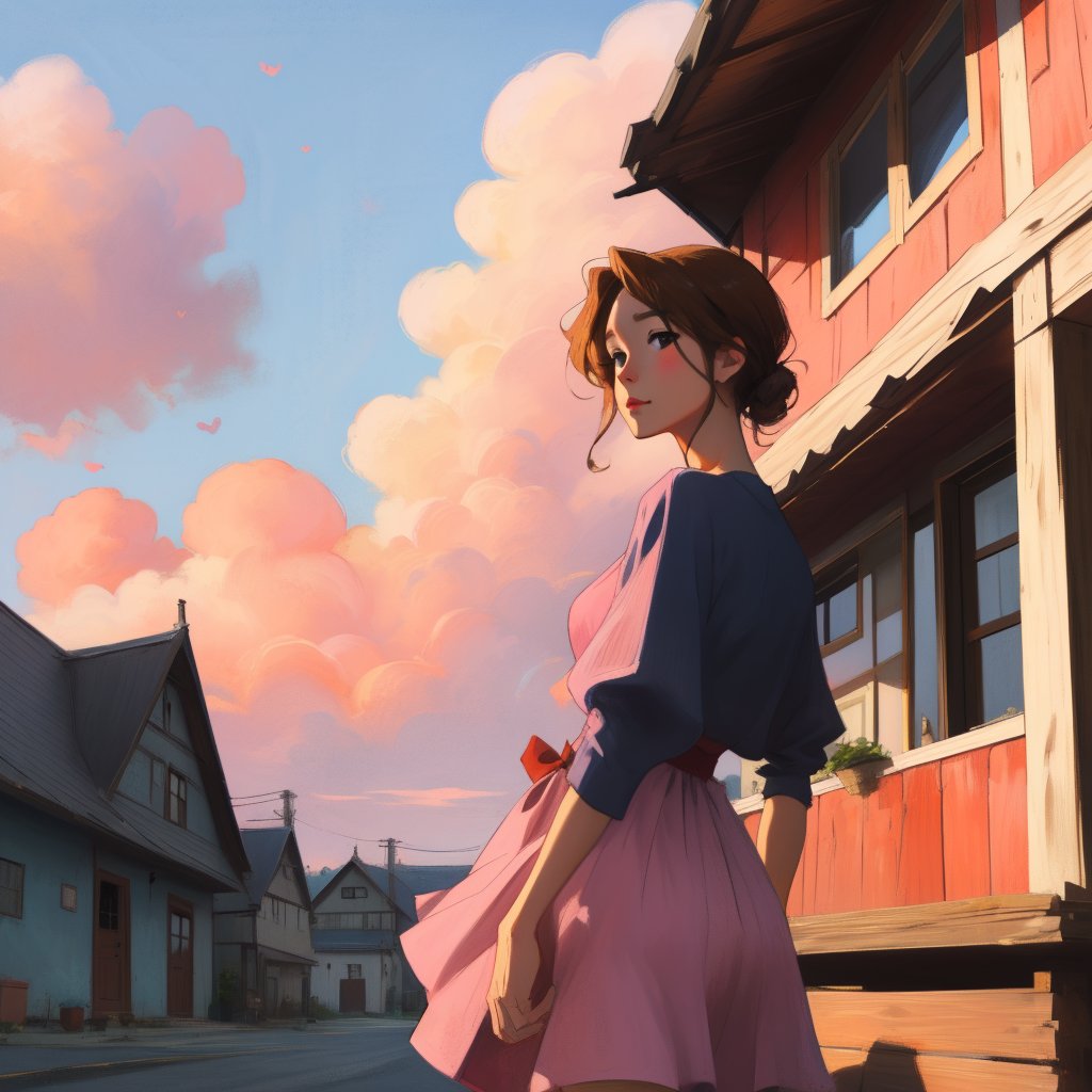 Prompt: Portrait of a charming Miyazaki-style brunette in a short dress. It stands on the porch of an old wooden house. Th...