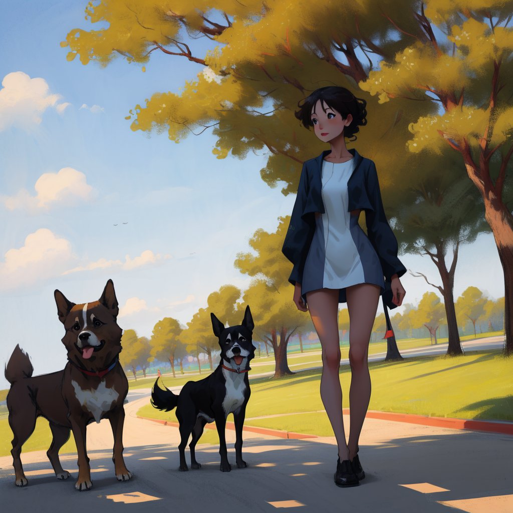 Adorable Miyazaki-style girl in a short dress plays in the park with her dog by BASYA on Tensor.Art
