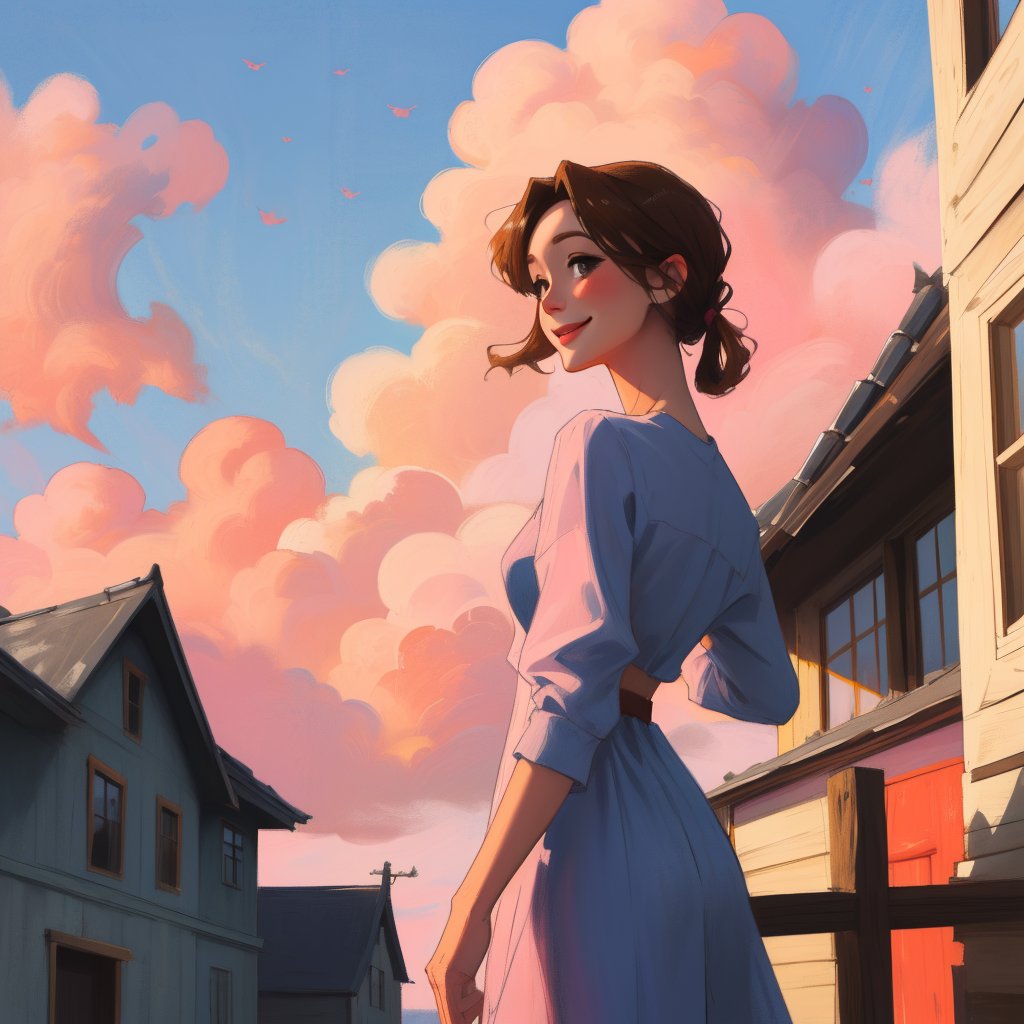 Prompt: Portrait of a charming brunette in Miyazaki style in a short dress. It stands on the porch of an old wooden house....
