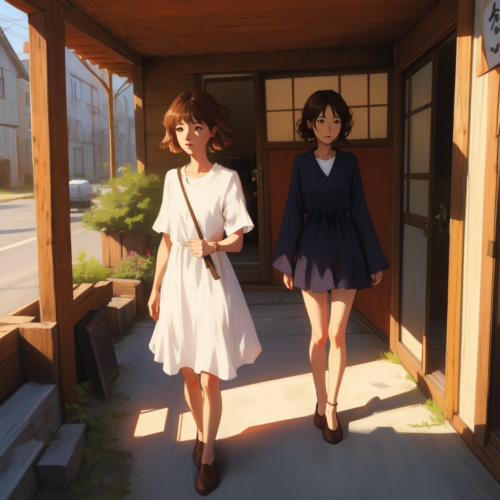 Prompt: A delicate brunette in Miyazaki style in a short dress. It stands on the porch of an old wooden house by BASYA on...