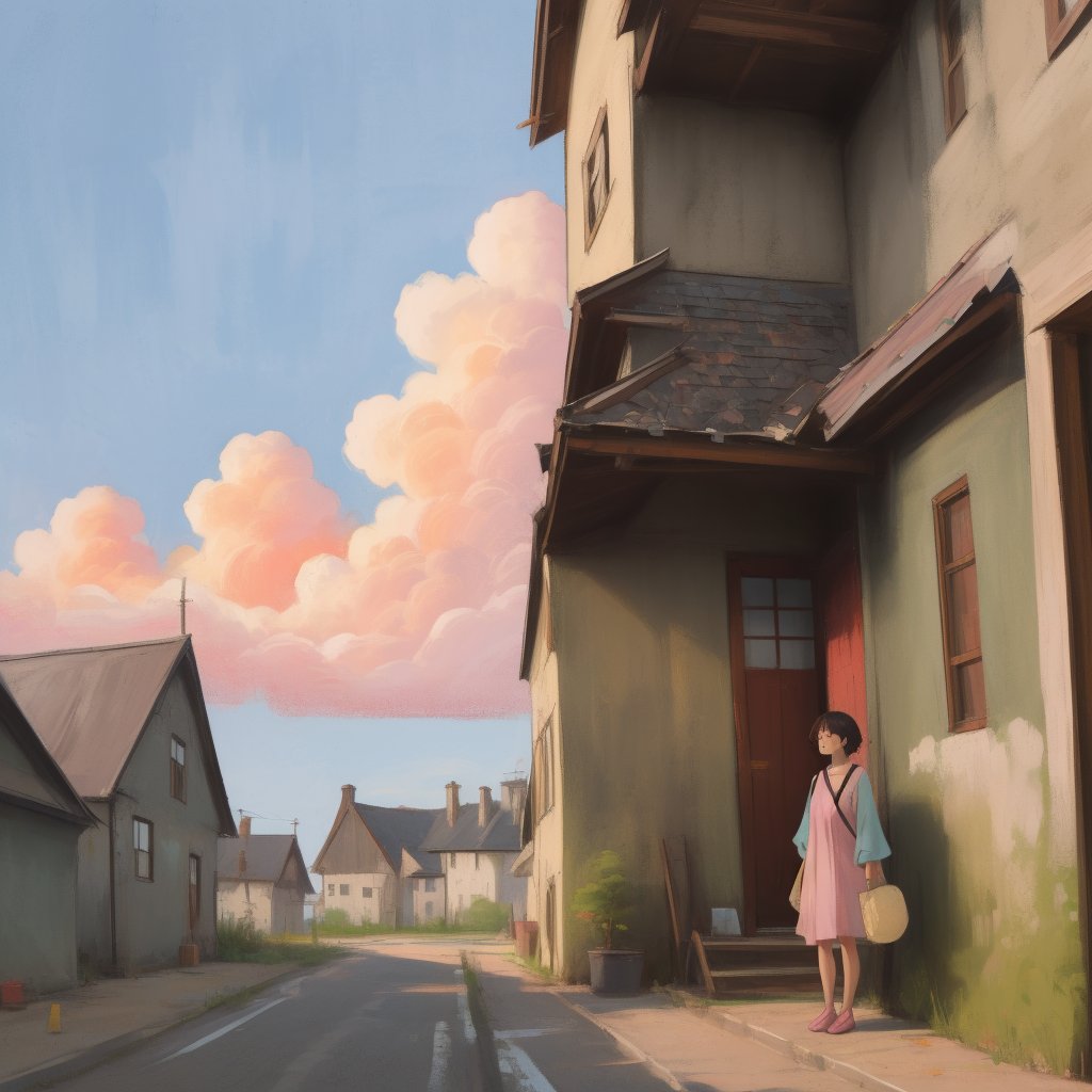 Prompt: A charming Miyazaki-style girl in a short dress. It stands on the porch of an old wooden house. There are pink clo...