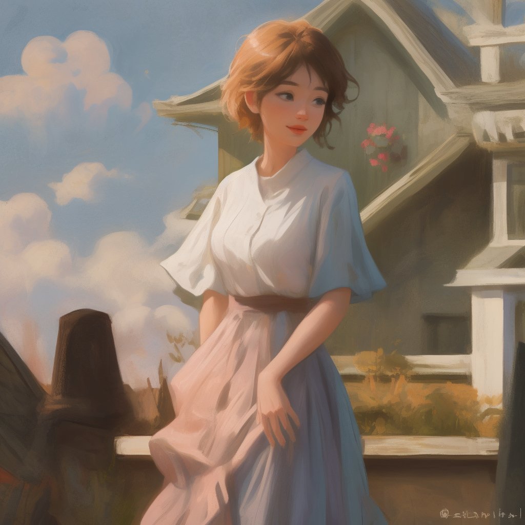 Prompt: Portrait of a charming brunette in Miyazaki style in a short dress. It stands on the porch of an old wooden house....