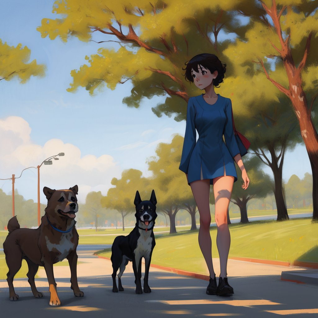 Adorable Miyazaki-style girl in a short dress plays in the park with her dog by BASYA on Tensor.Art