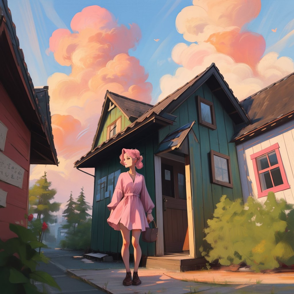 Prompt: A charming Miyazaki-style girl in a short dress. It stands on the porch of an old wooden house. There are pink clo...