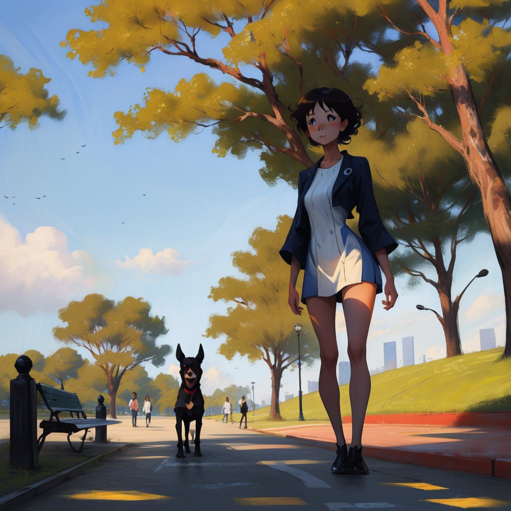 Adorable Miyazaki-style girl in a short dress plays in the park with her dog by BASYA on Tensor.Art