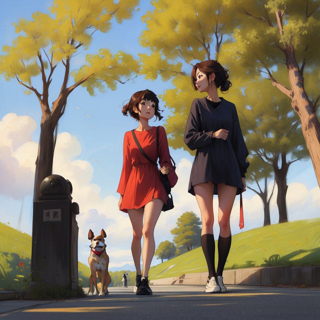 Adorable Miyazaki-style girl in a short dress plays in the park with her dog by BASYA on Tensor.Art