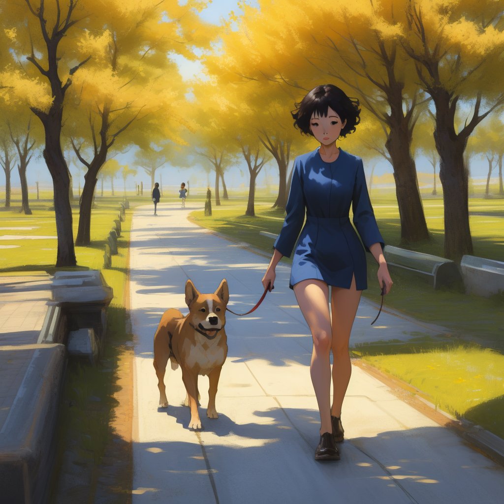 Charming Miyazaki-style girl in a short dress walks in a spring park with a dog by BASYA on Tensor.Art